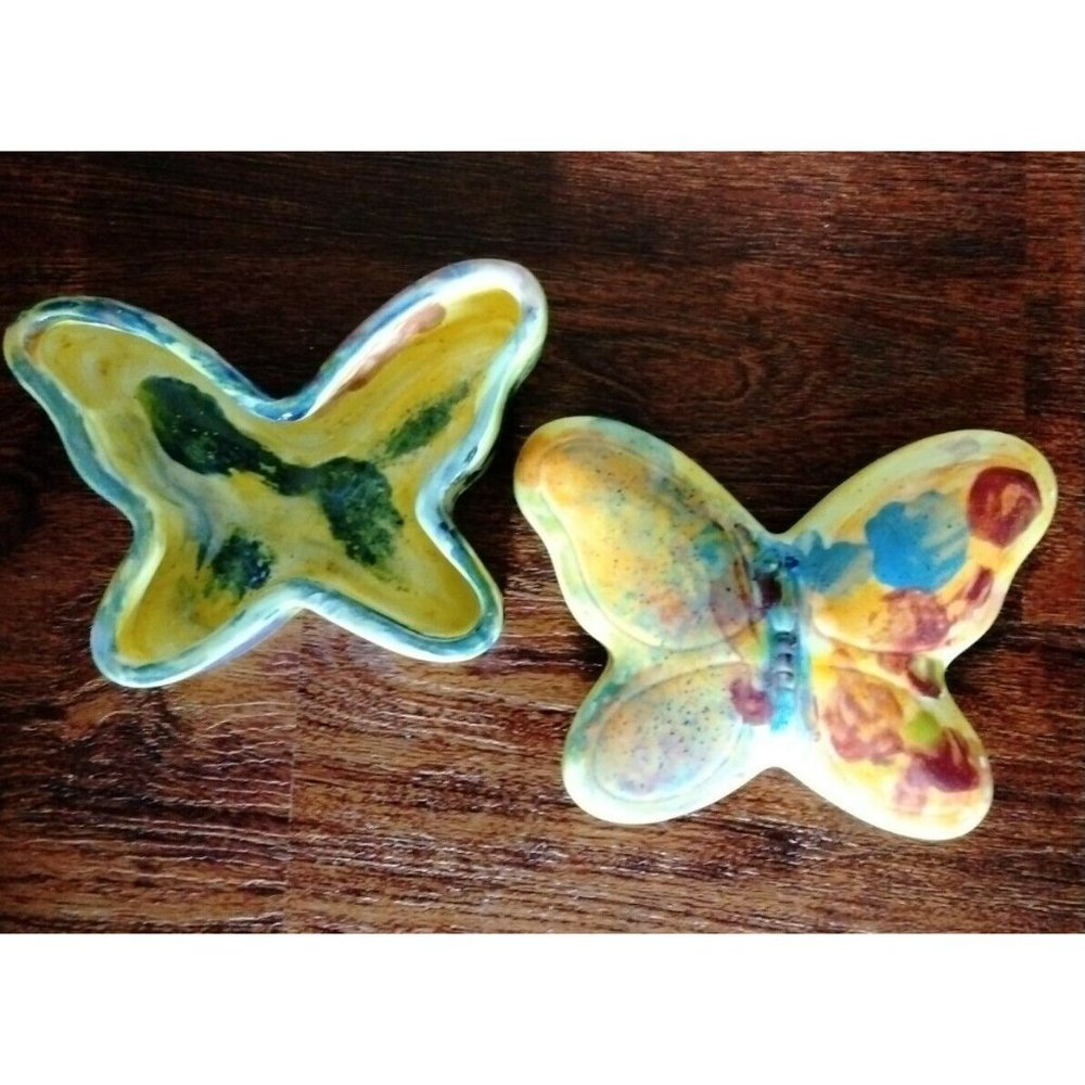 Trinket Jewelry Box Art Studio Pottery Butterfly Handpainted Yellow Blue Red